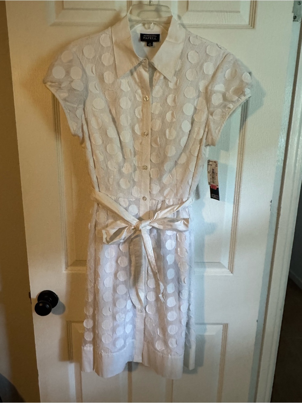 Adrianna Papell White Polka Dot Dress with Tie Belt
